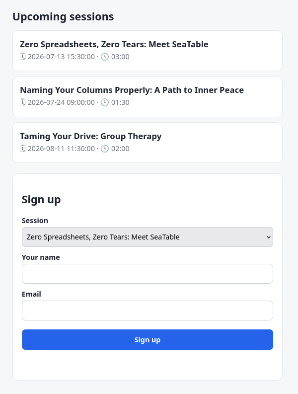 The rendered sign-up page: session cards showing date and duration, and a labelled sign-up form.