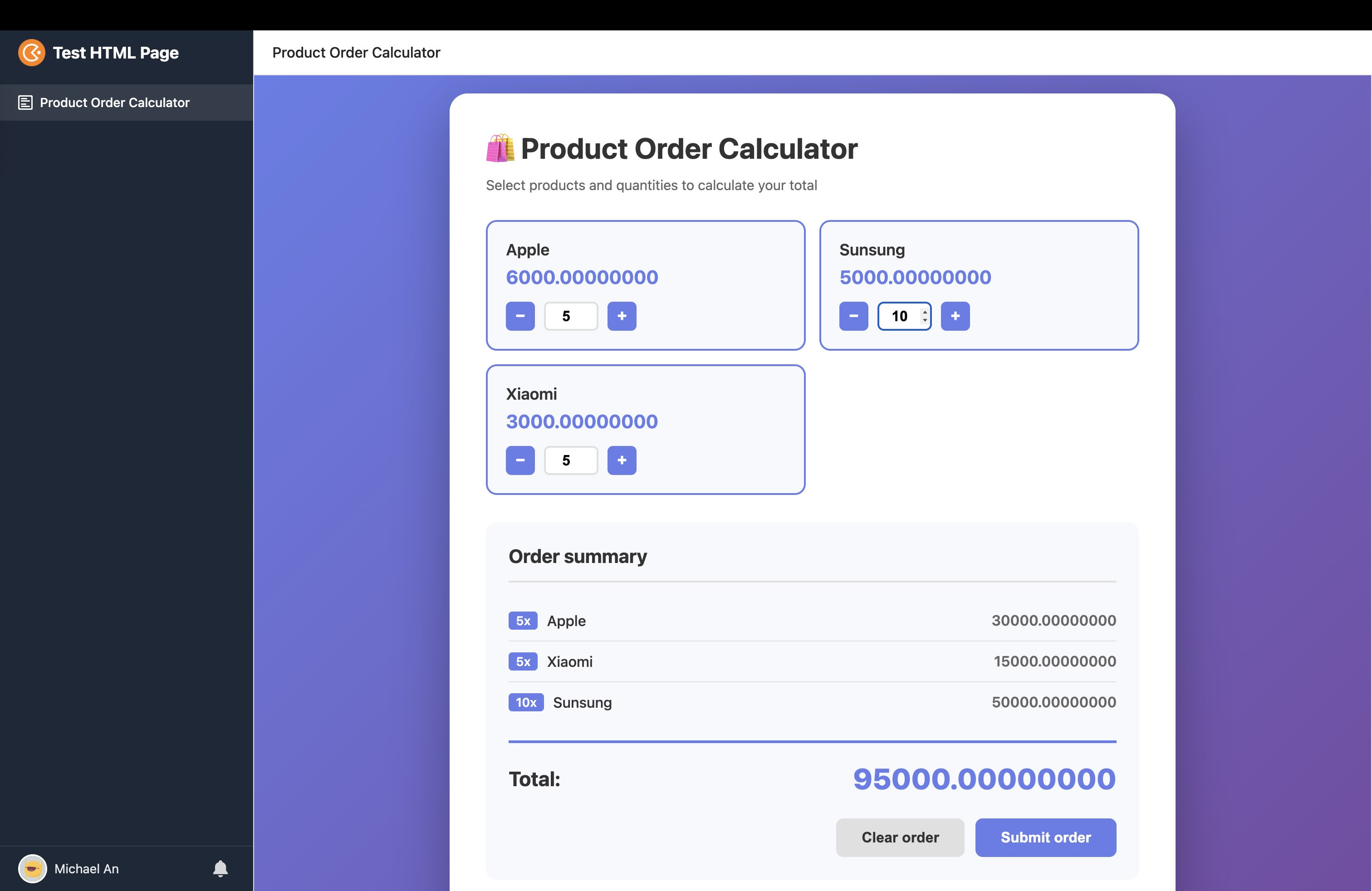 Enter order information in the HTML page